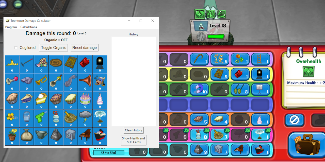 An image of the Toontown Rewritten Gag Damage Calculator's interface.